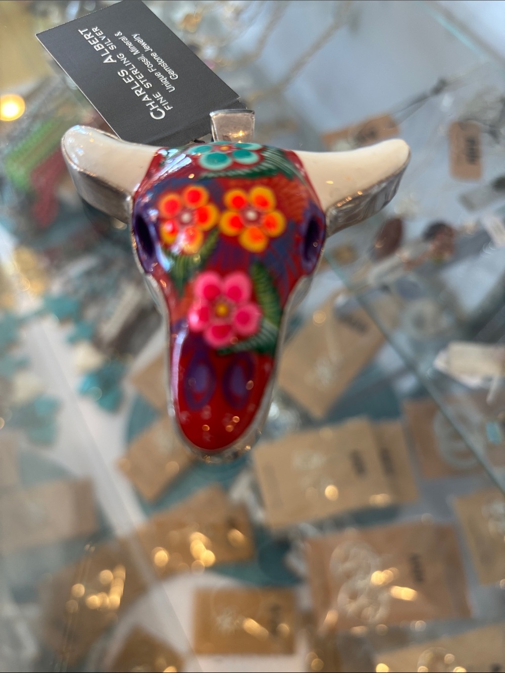 Hand-Painted Bull Skull Pendant - Reddish - Picture 2 of 4